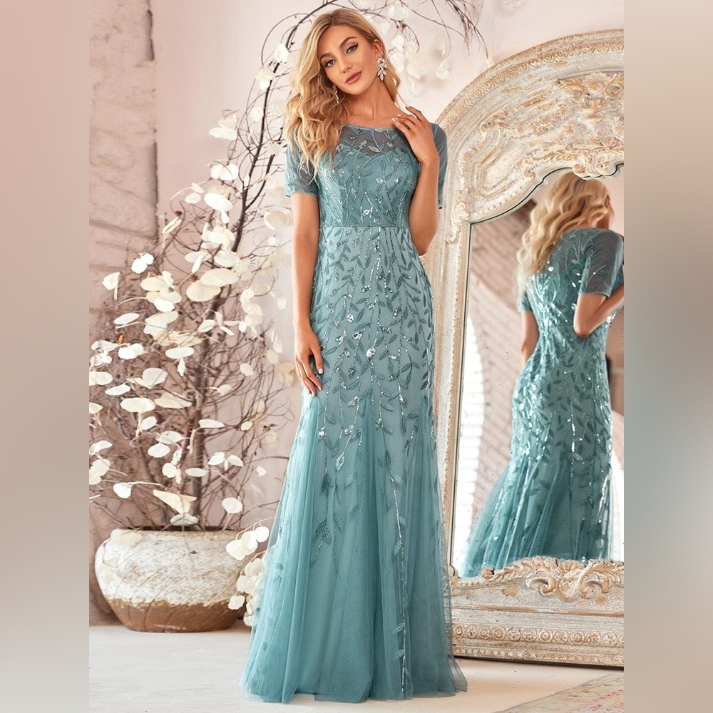 🆕 Floral Sequin Print Maxi Long Fishtail Formal Dresses With Half Sleeve